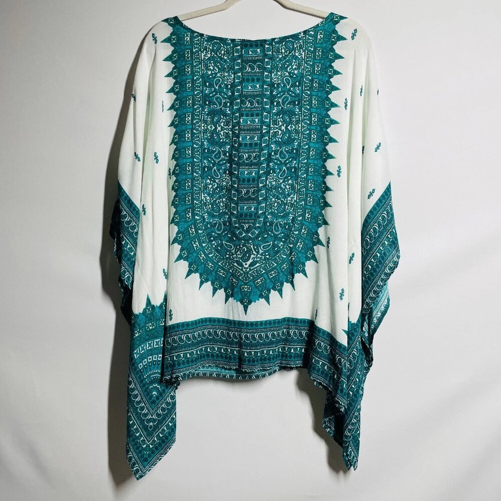 NWT Y2K WD-NY Womens Teal Green Paisley Bohemian Tunic Kaftan Top Size X-Large - Picture 2 of 8